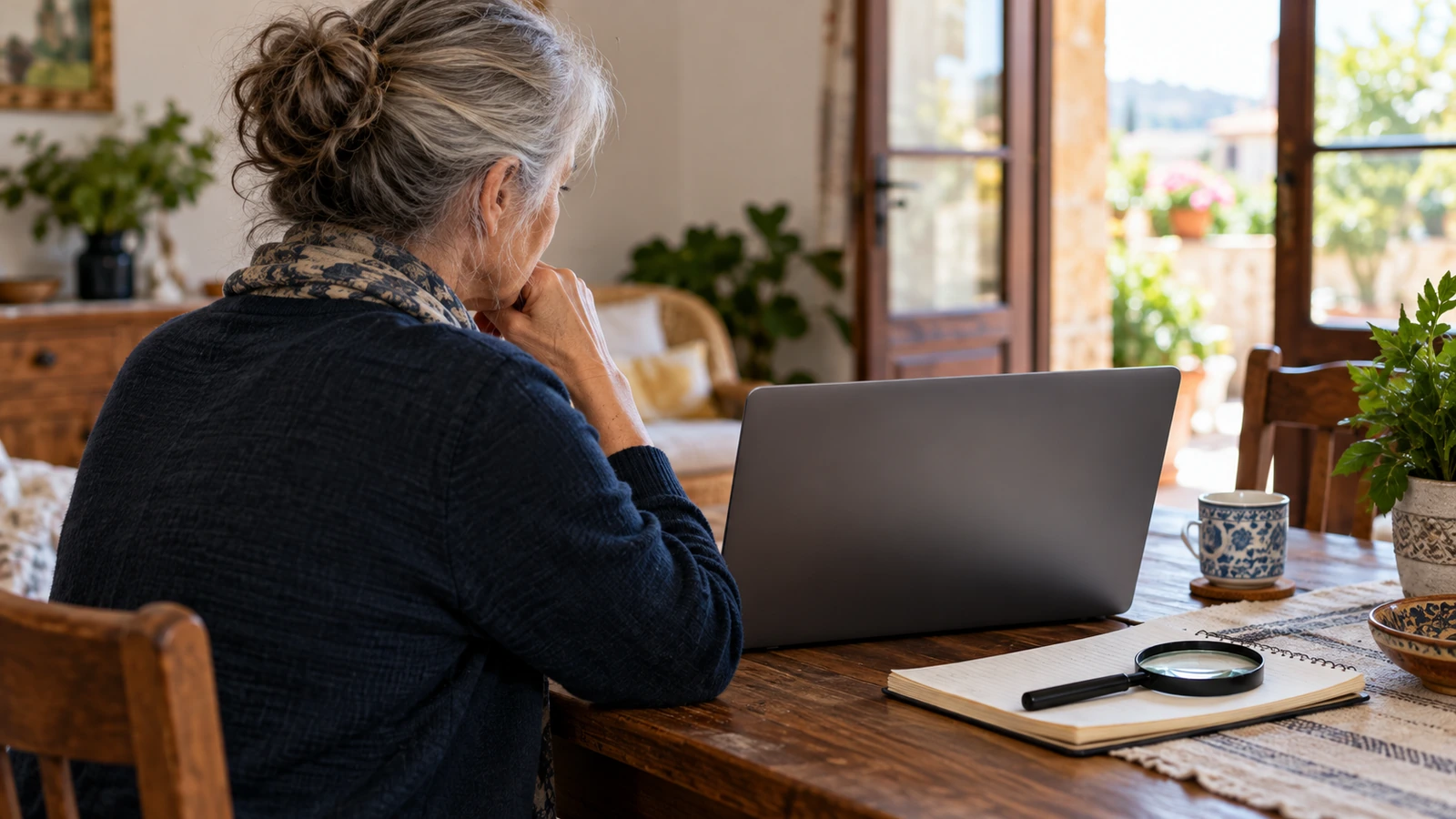 Mujer adulta revisando con atención un portátil en su mesa de estudio.
