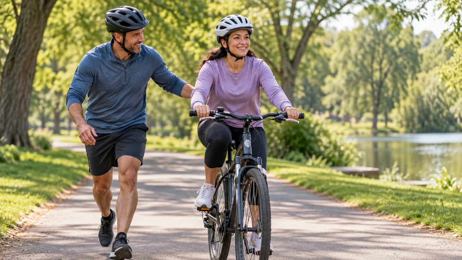 Dos adultos practican una habilidad con una bicicleta en un parque.