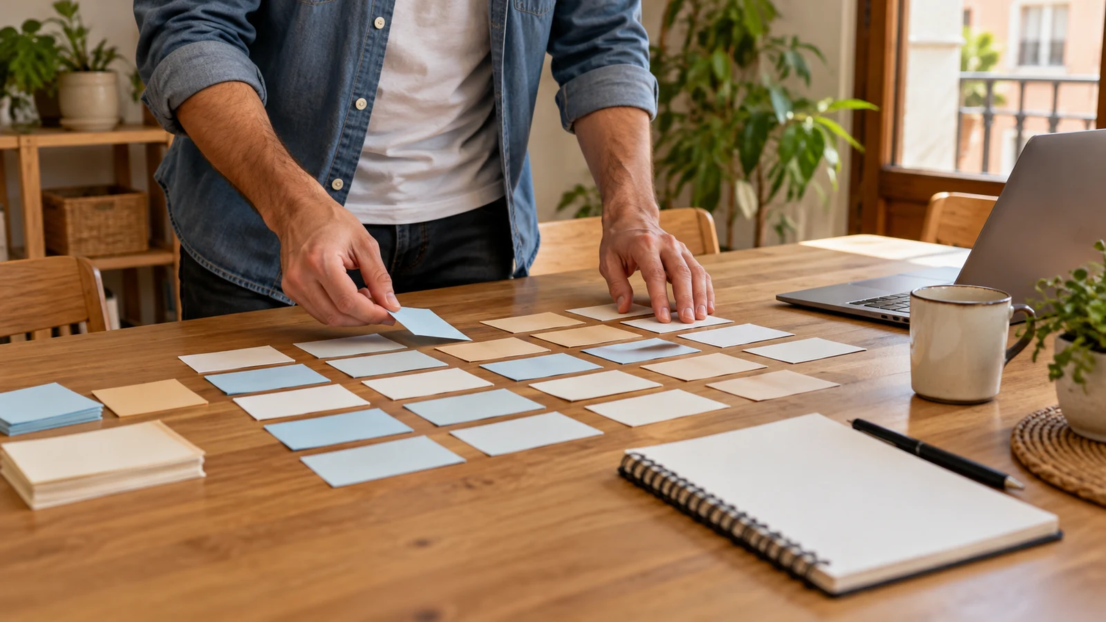 Tarjetas organizadas en filas y columnas sobre una mesa