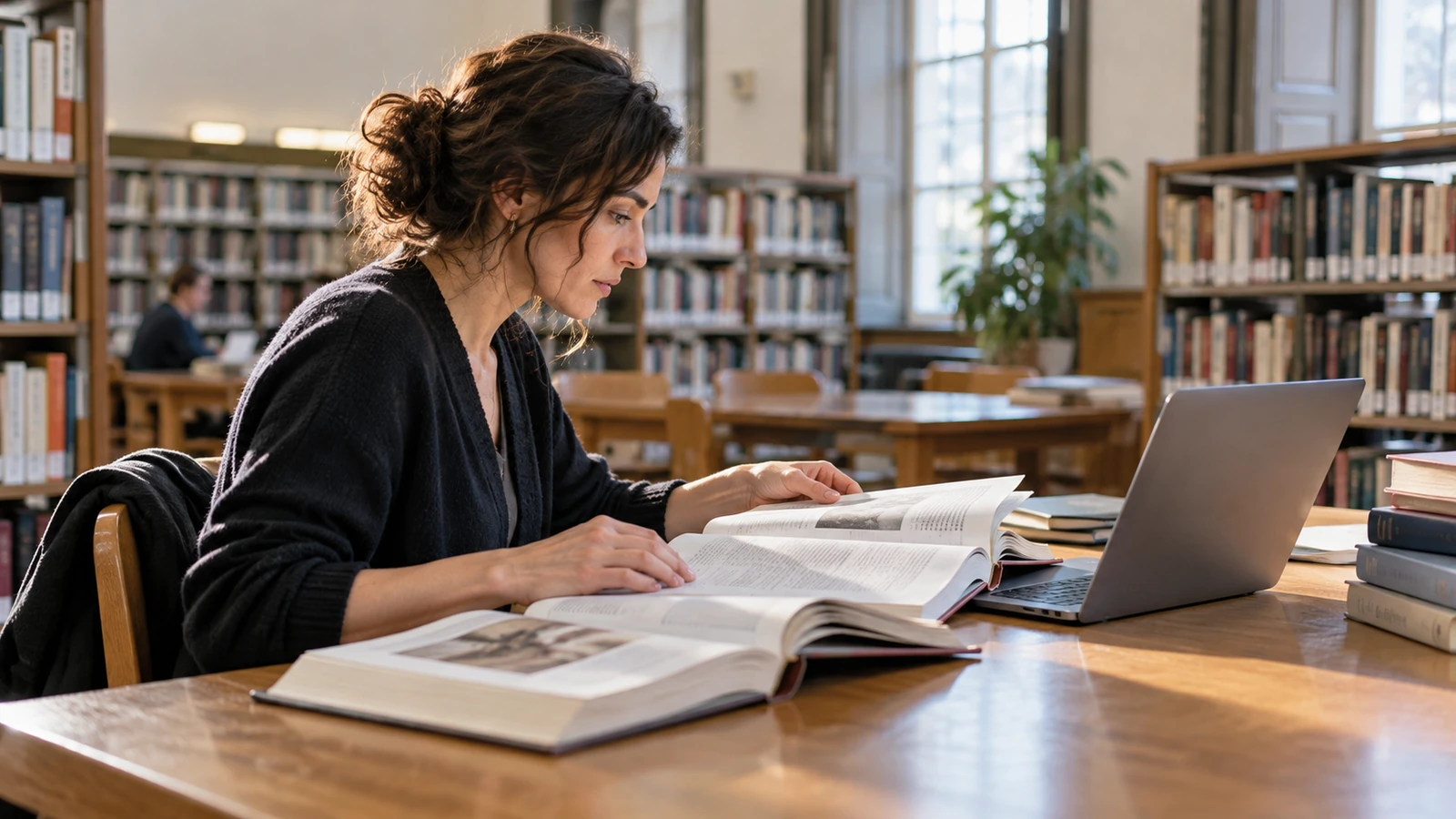 Una mujer consulta libros de referencia junto a un ordenador en una biblioteca.