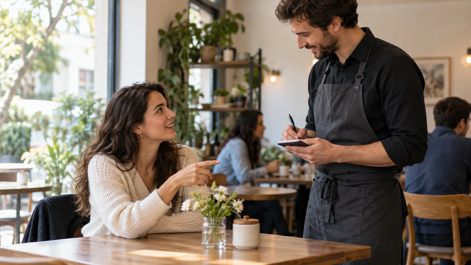 Una mujer pide una bebida al camarero de una cafetería.