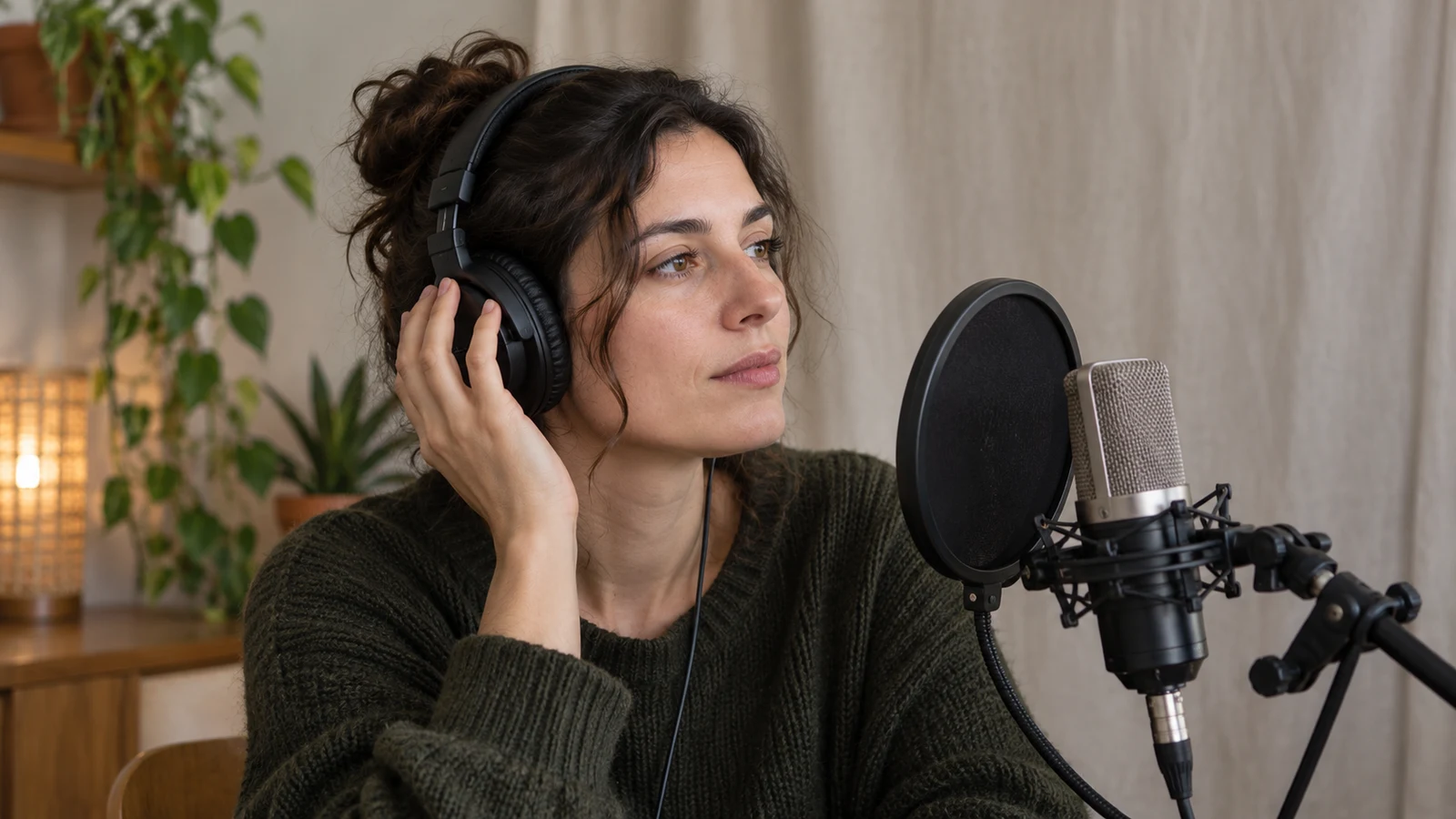 Persona que escucha una grabación con auriculares para revisar la calidad de la voz.