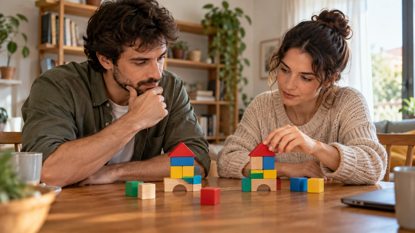 Dos adultos comparando construcciones de bloques durante una comprobación.