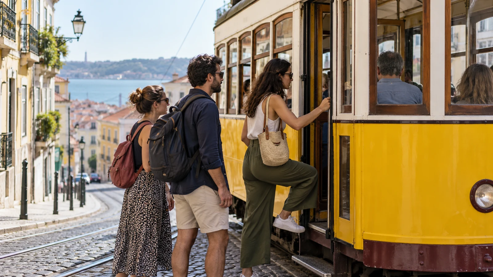 Viajeros suben a un tranvía amarillo en una calle de Lisboa.
