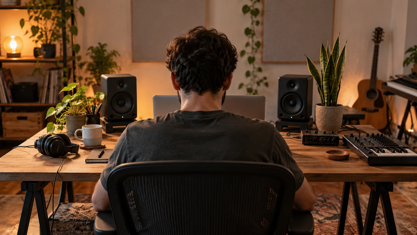 Persona escuchando entre dos altavoces en una mesa de producción musical.