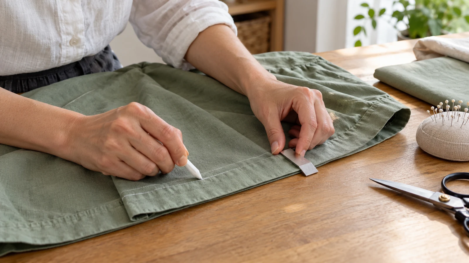 Preparación del bajo de una falda verde sobre una mesa.