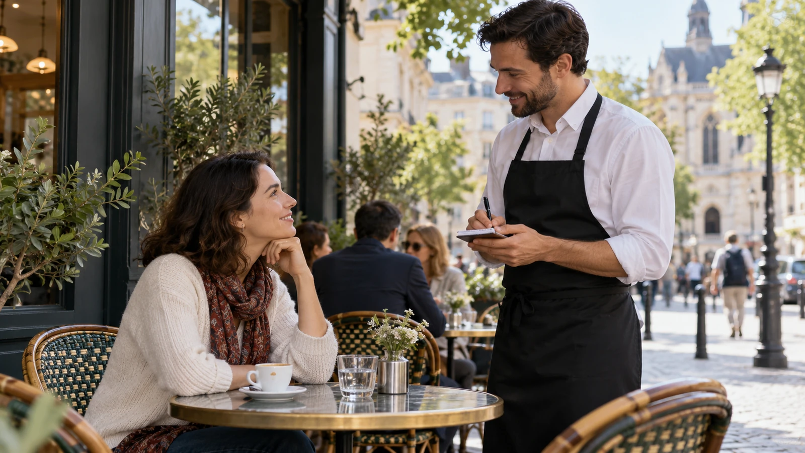 Cliente conversando con un camarero en una terraza de cafetería.