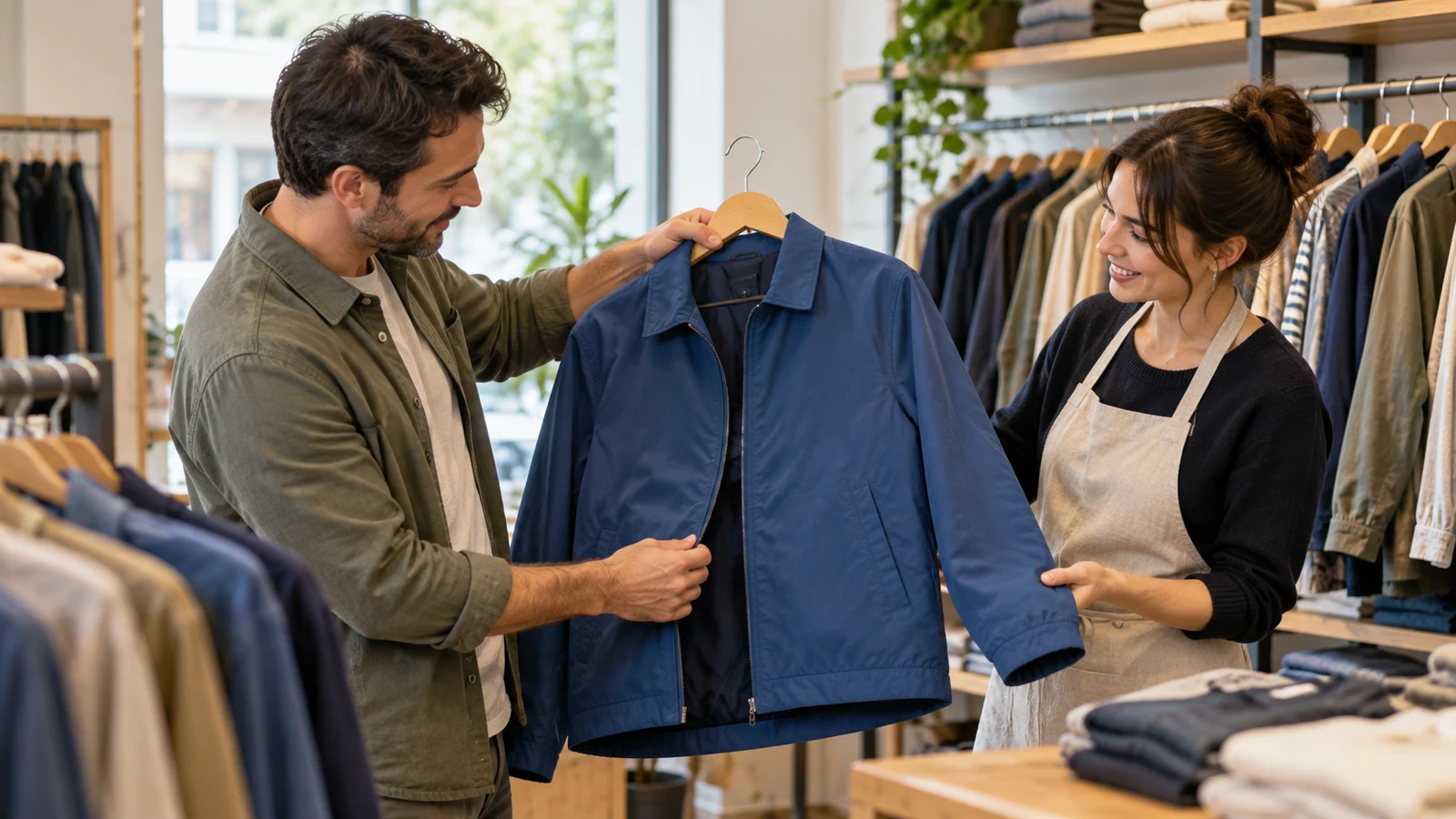 Una persona elige una chaqueta en una tienda de ropa.