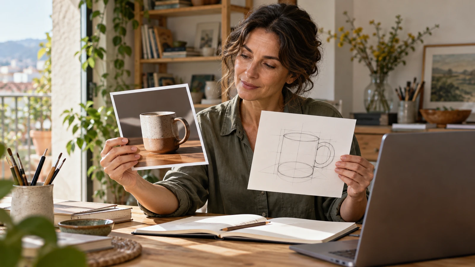 Una mujer compara una fotografía de una taza con un dibujo de la misma escena.