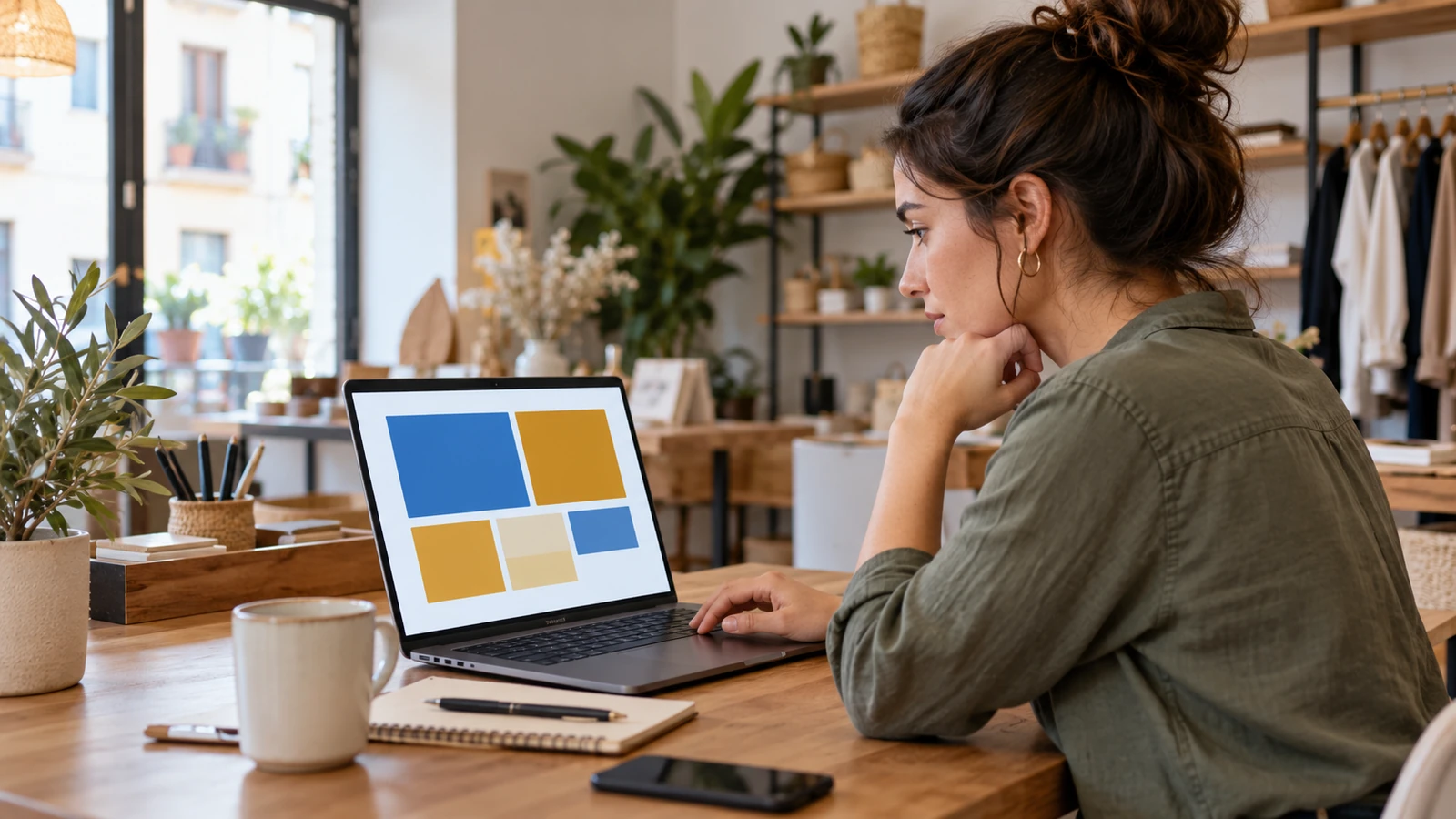 Persona revisando una distribución de bloques de color en una pantalla.