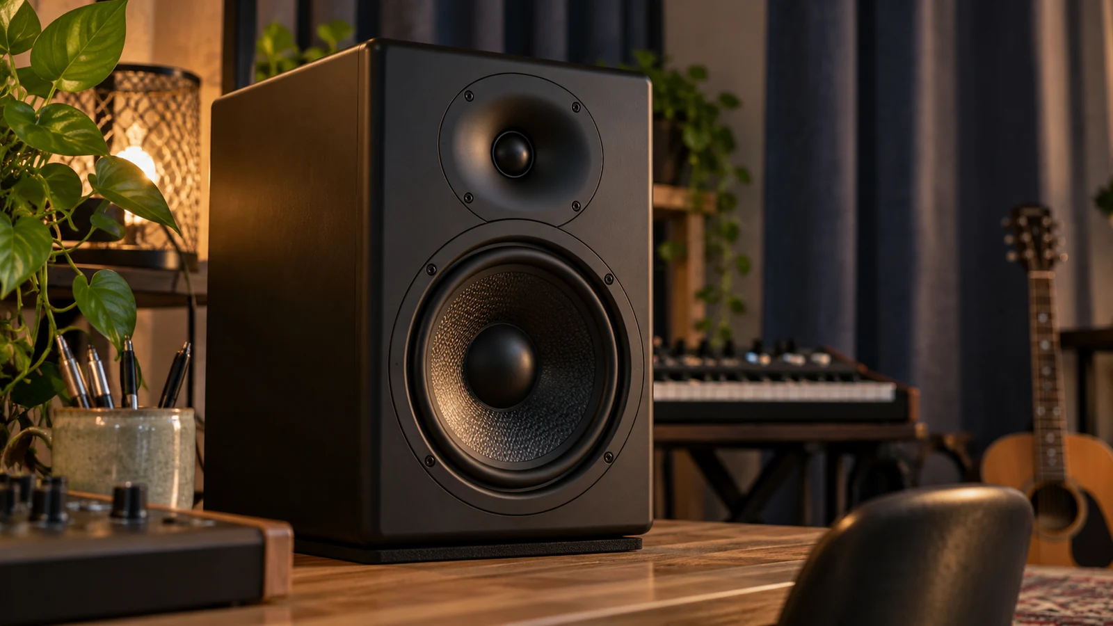 Detalle de los altavoces de un monitor de estudio sobre una mesa.