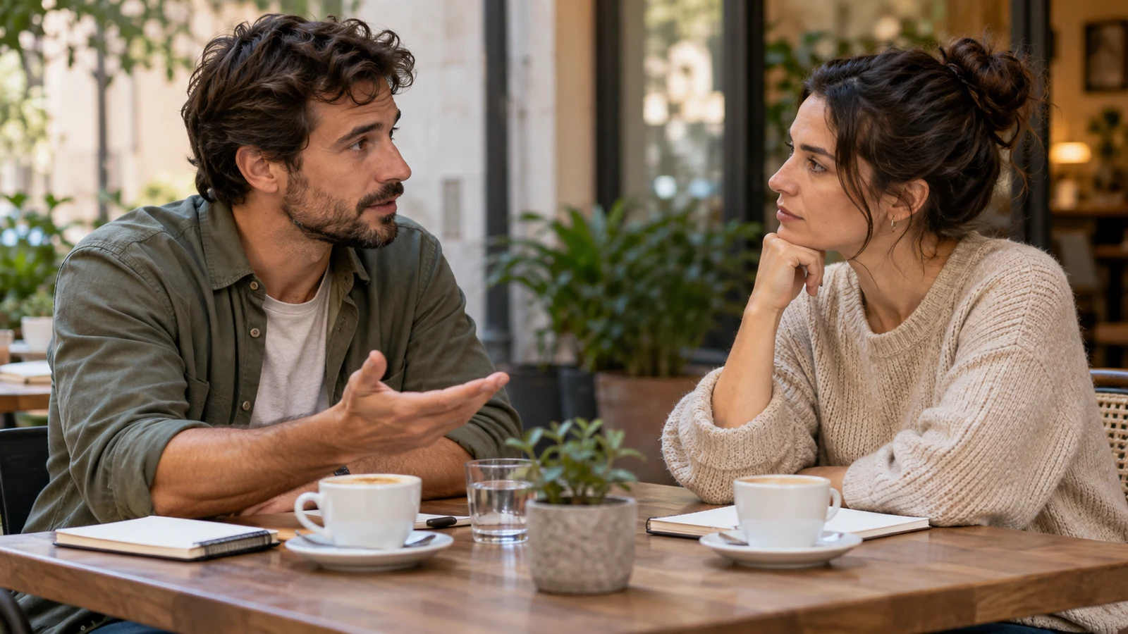 Dos personas mantienen una conversación tranquila en una cafetería.