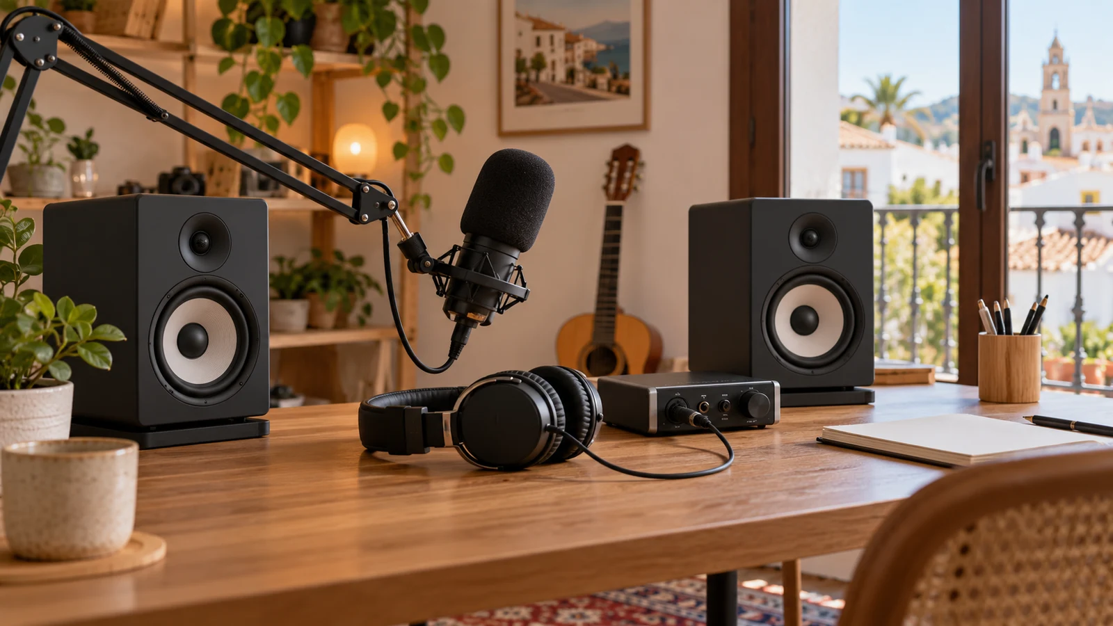 Altavoces, auriculares e interfaz de audio preparados para revisar una mezcla.