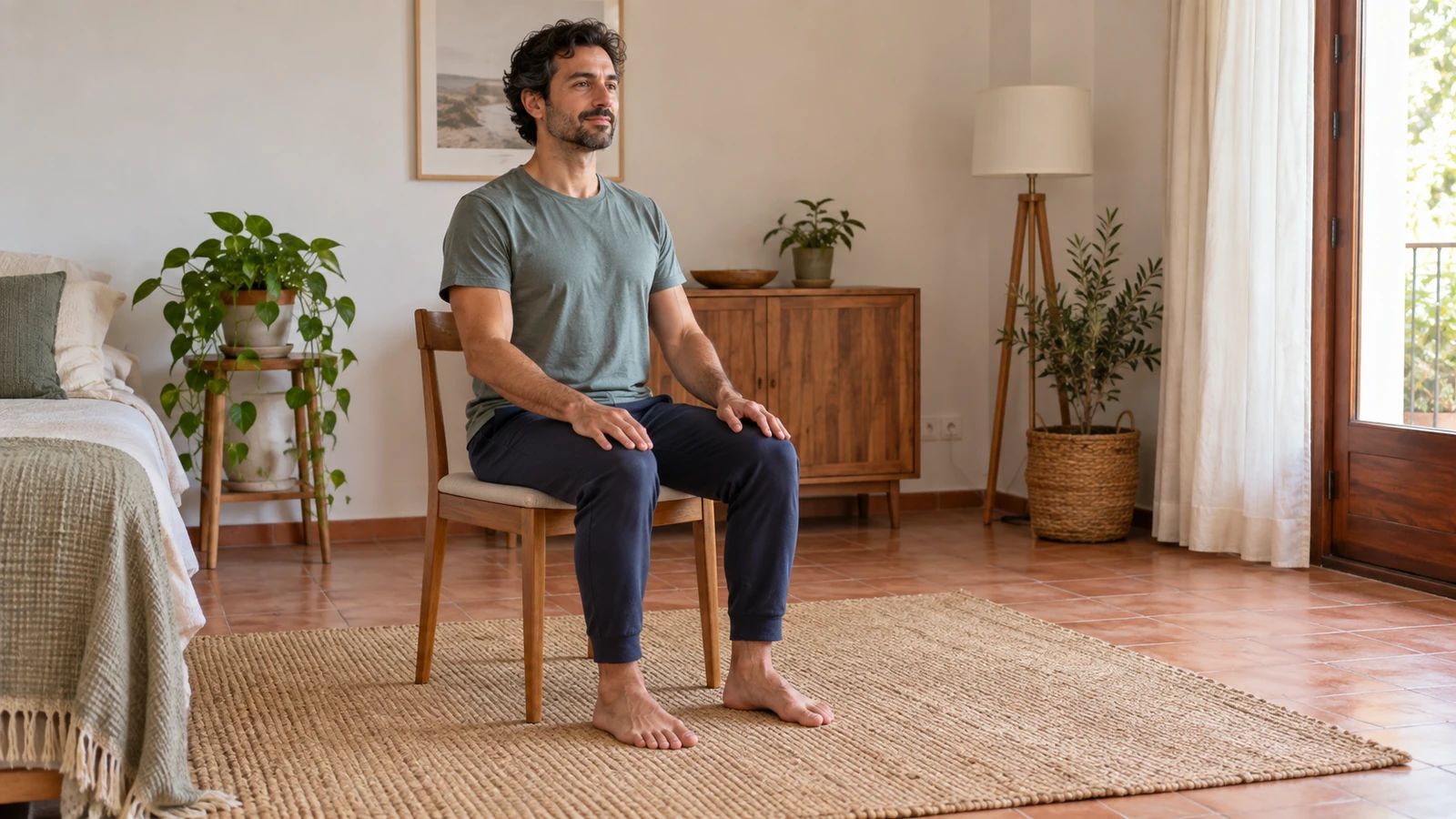 Hombre sentado de forma cómoda con ambos pies apoyados para practicar yoga