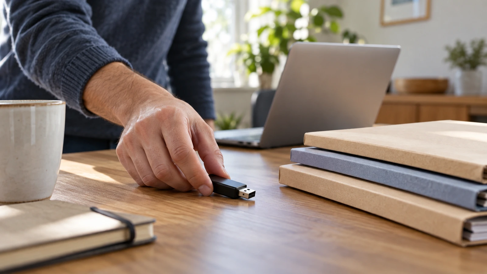 Una mano coloca una memoria USB junto a carpetas y un portátil.