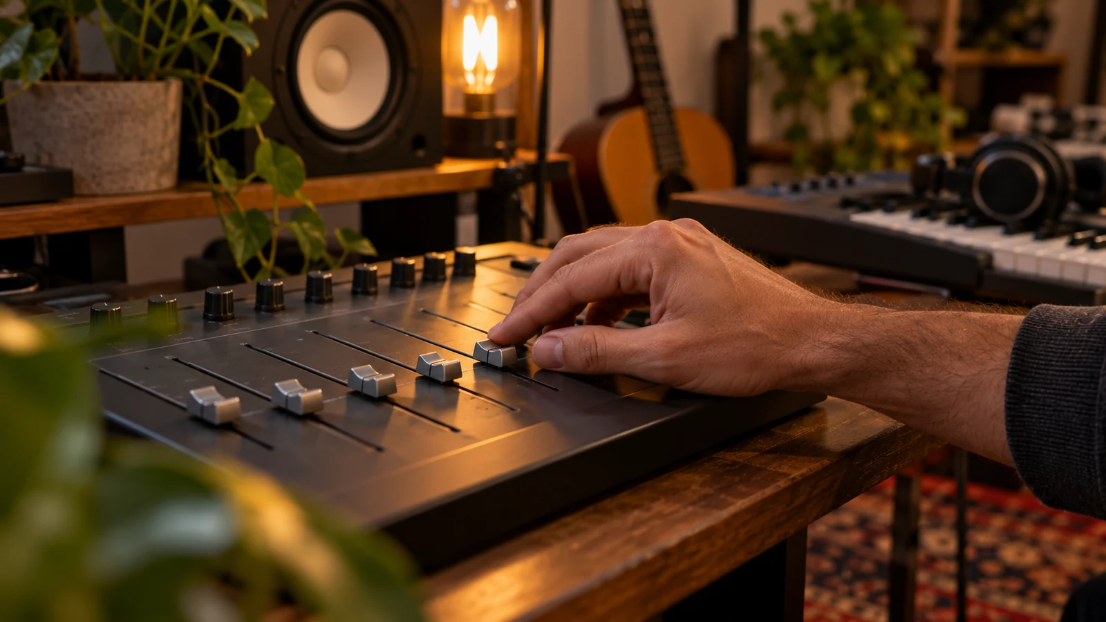 Mano ajustando un fader en una superficie de control de audio.