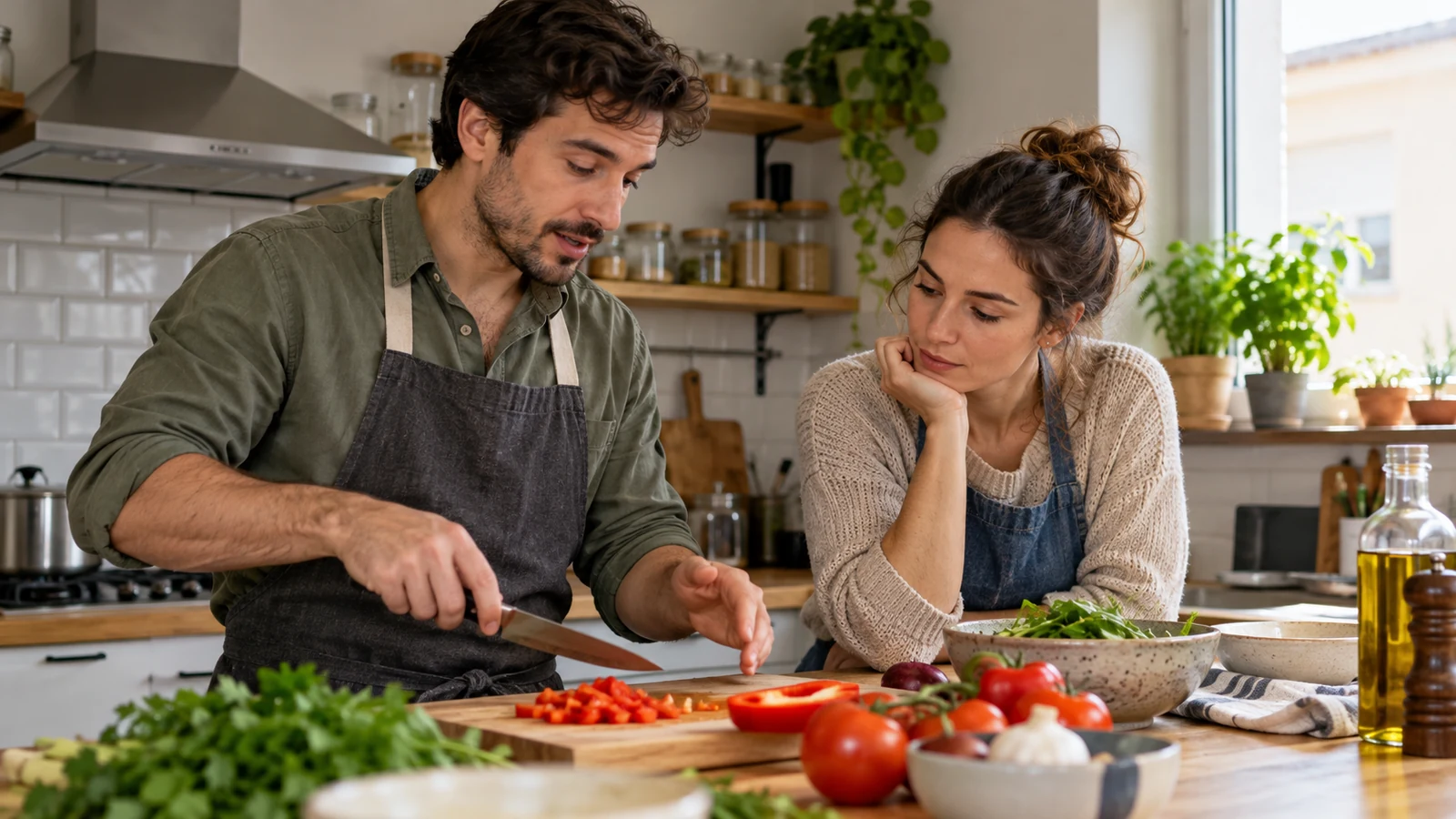 Dos familiares colaboran en una cocina doméstica.