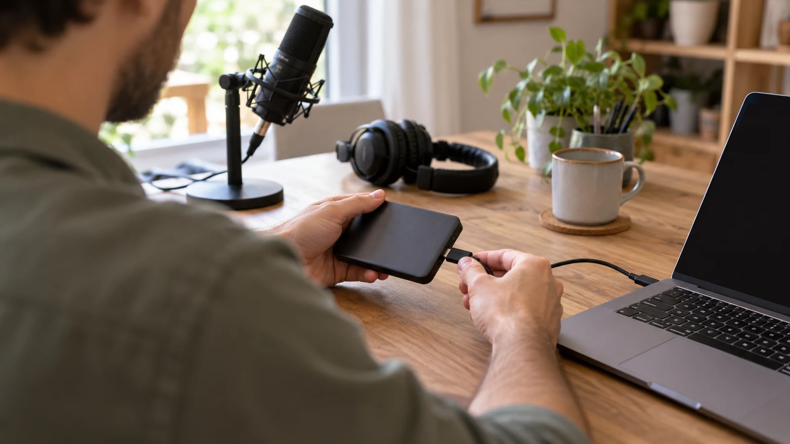 Manos que conectan una unidad externa al portátil para guardar archivos de audio.