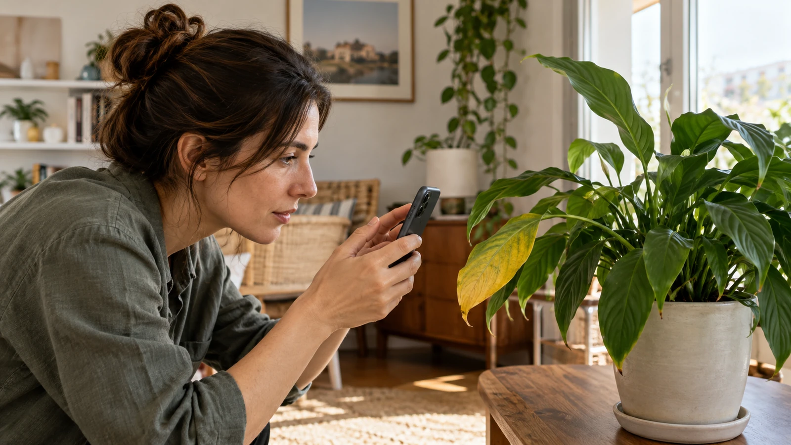 Una persona fotografía una hoja amarillenta de una planta con un teléfono.