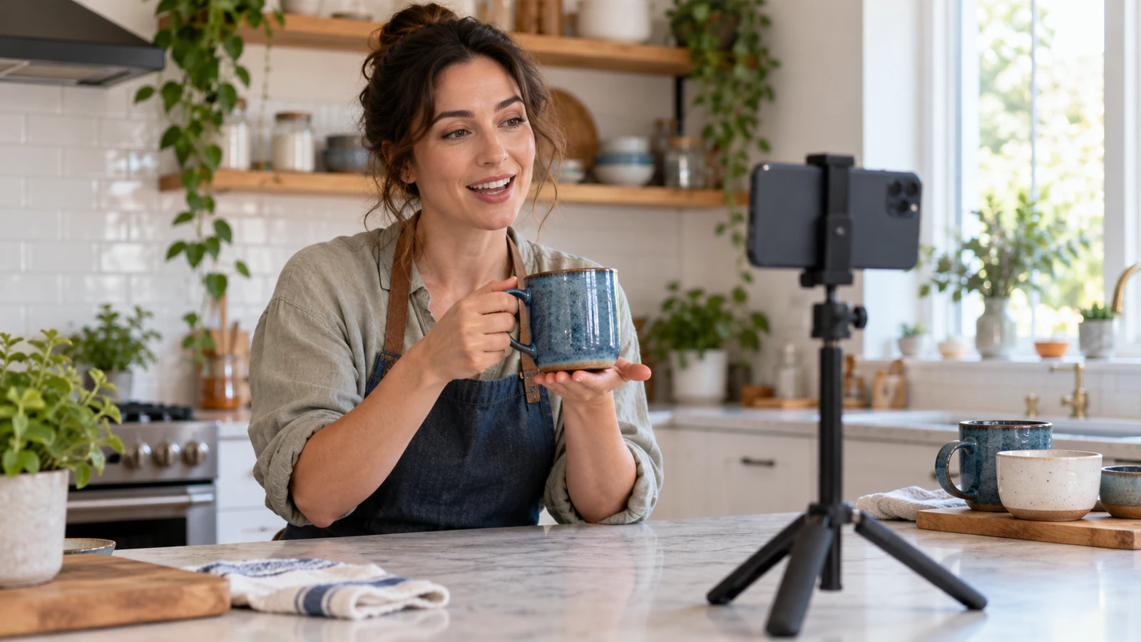 Artesana grabando una demostración de una taza con un teléfono en un soporte.