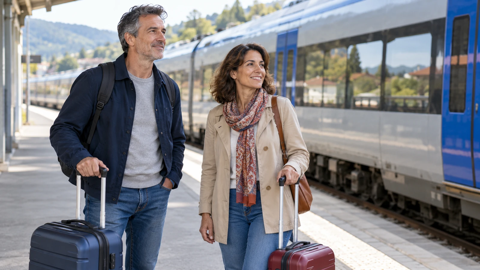 Pareja con maletas esperando un tren en el andén de una estación.