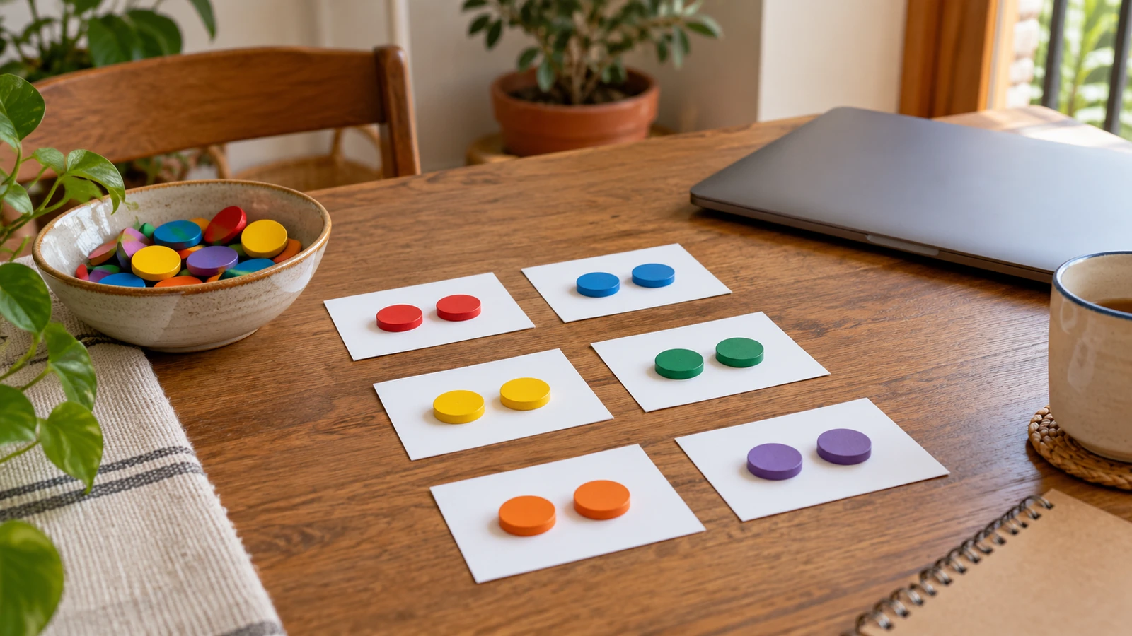 Fichas de colores agrupadas sobre tarjetas como representación de datos estructurados.