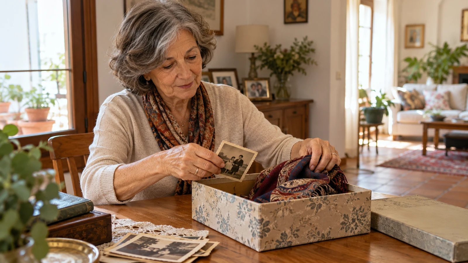 Mujer mayor revisando fotografías y recuerdos junto a una caja abierta.