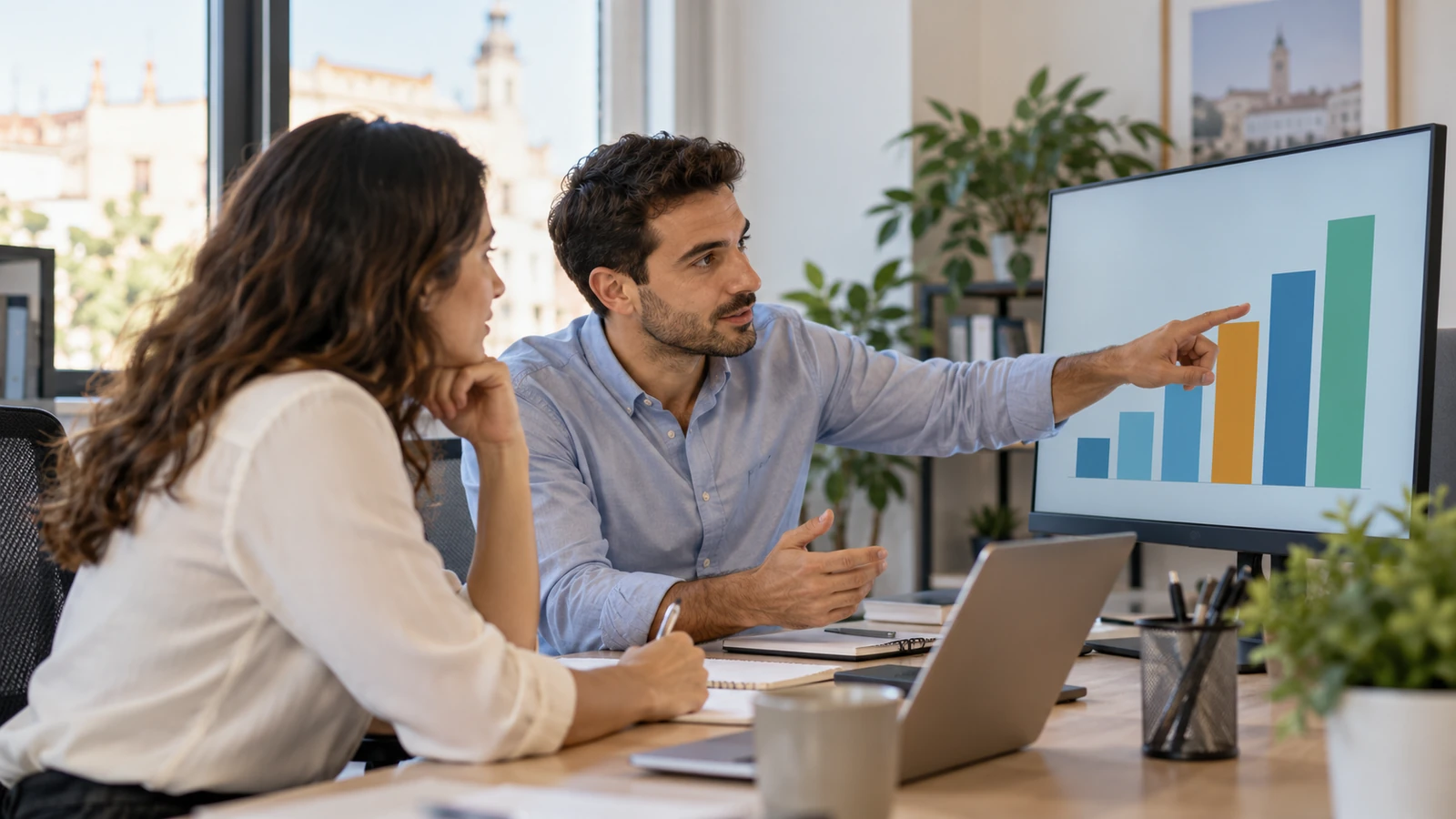 Dos personas revisando una comparación visual de barras en una pantalla.