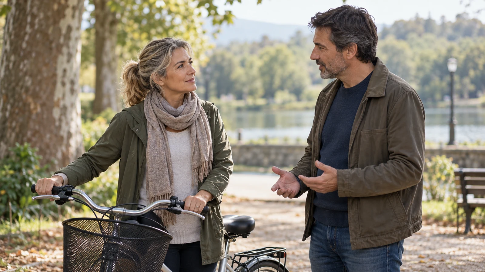 Dos amigos conversan junto a una bicicleta en un parque.