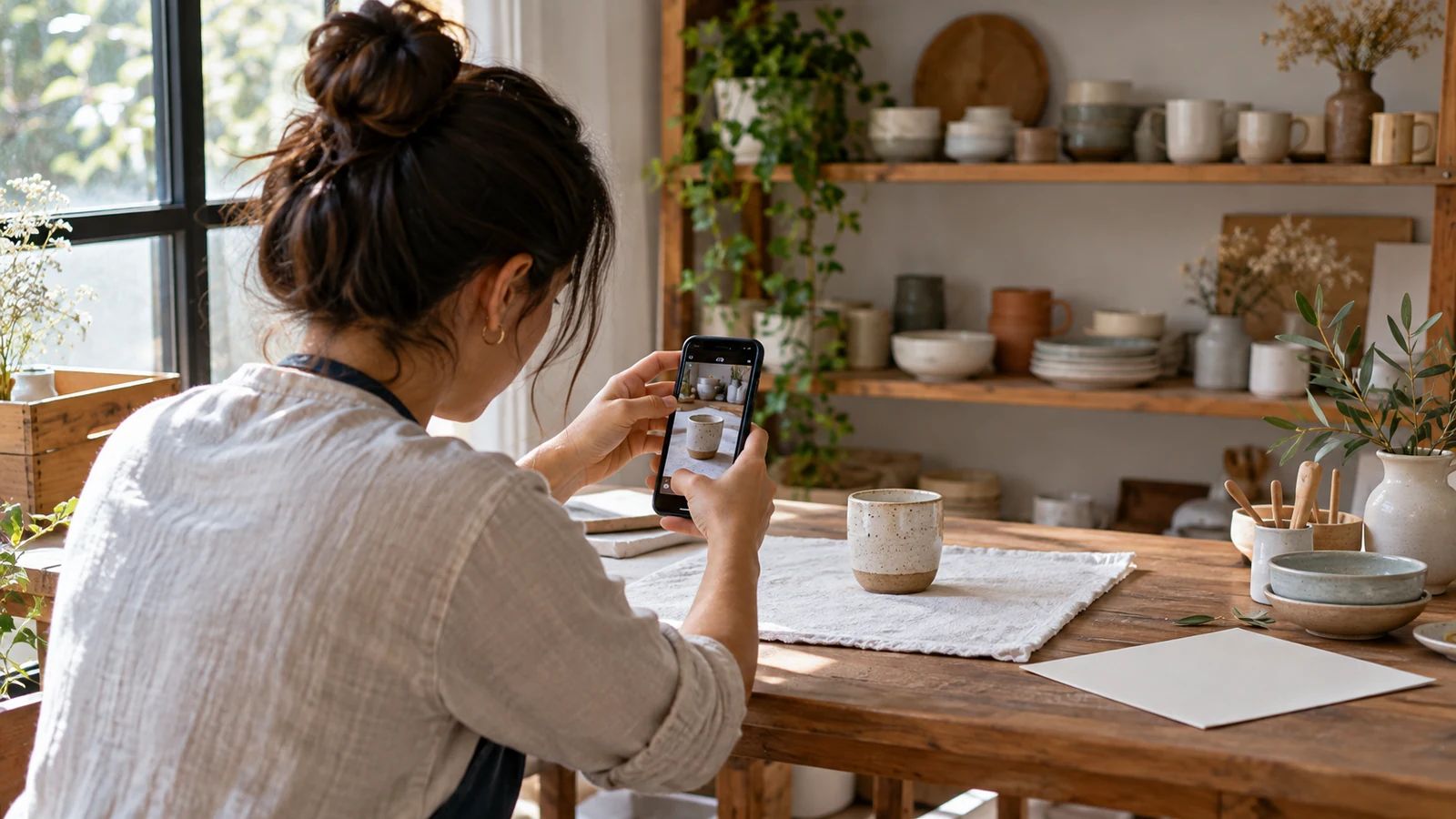 Comerciante fotografiando una pieza de cerámica con un teléfono.