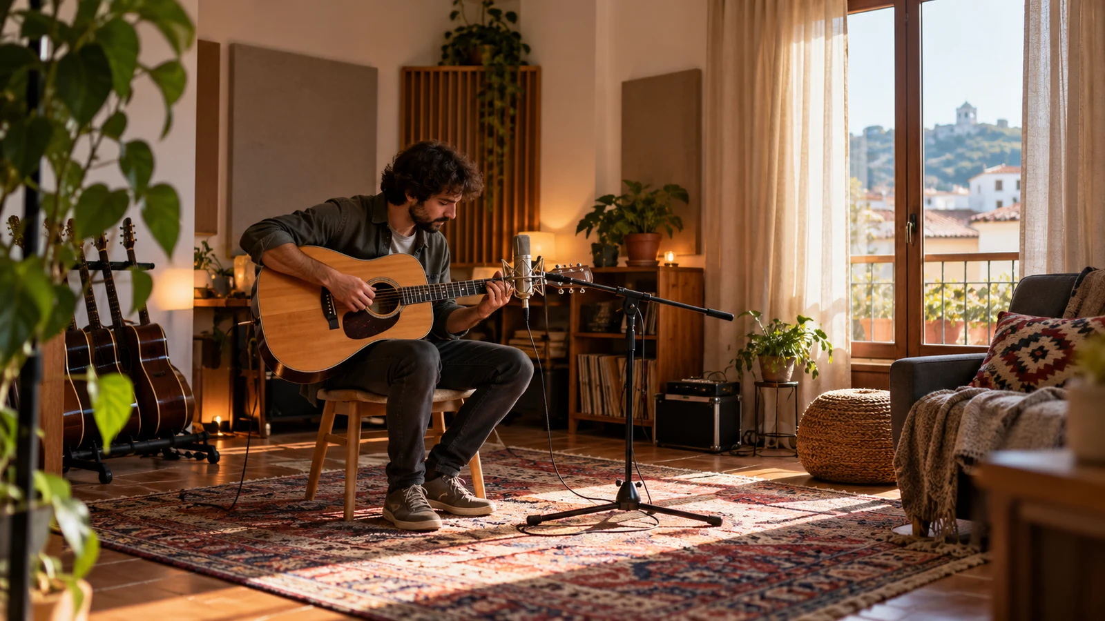 Guitarrista con micrófono en una habitación con cortinas y profundidad visible.