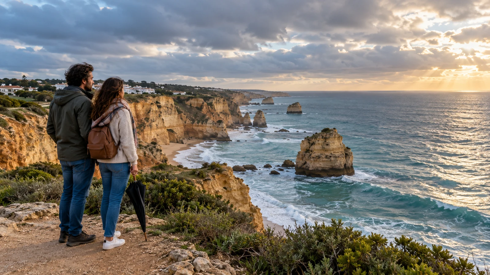 Una pareja contempla la costa portuguesa bajo un cielo con nubes y claros.