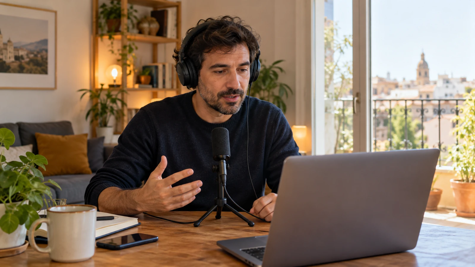 Un hombre utiliza un micrófono y auriculares junto a su portátil.