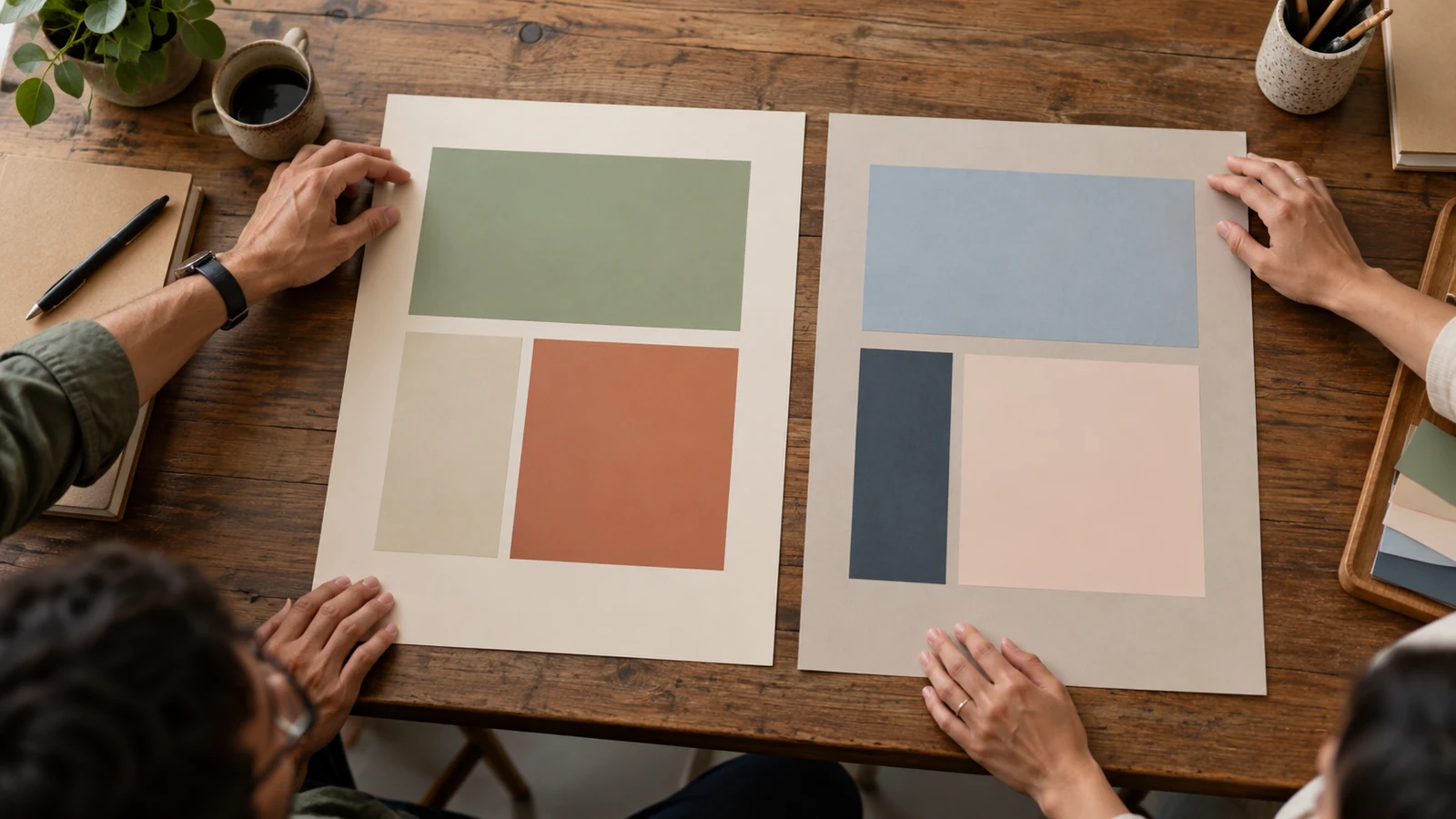 Dos propuestas visuales con recuadros de colores sobre una mesa de trabajo.