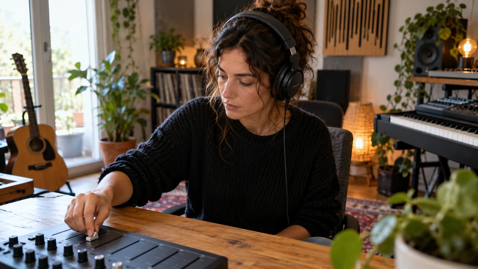 Mujer con auriculares ajustando una superficie de control musical.