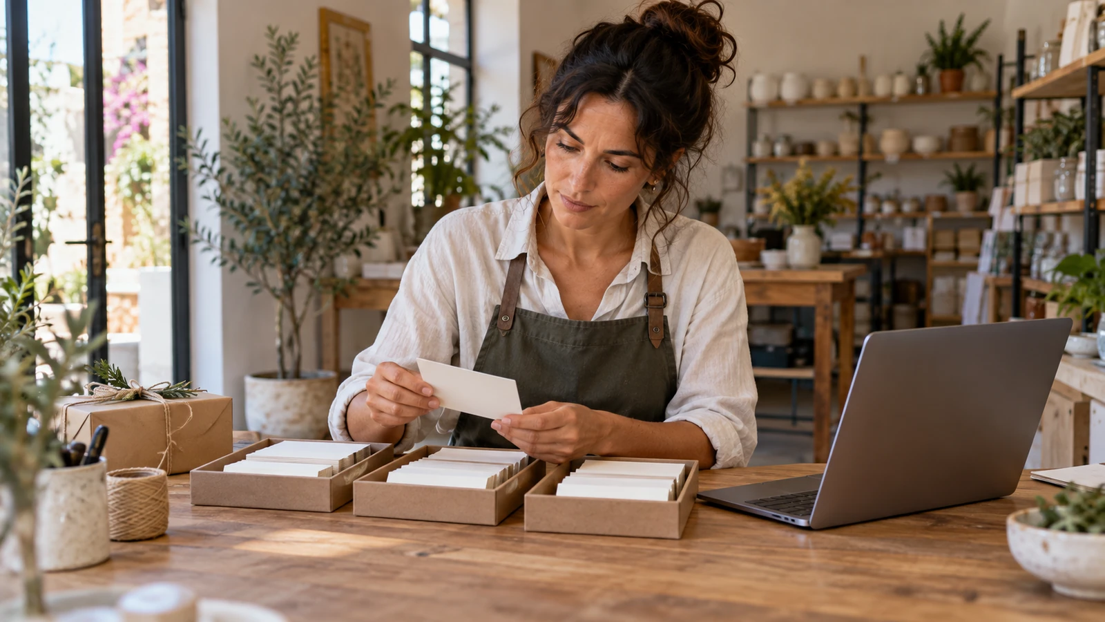 Una mujer revisa tarjetas de trabajo organizadas en bandejas sobre una mesa.