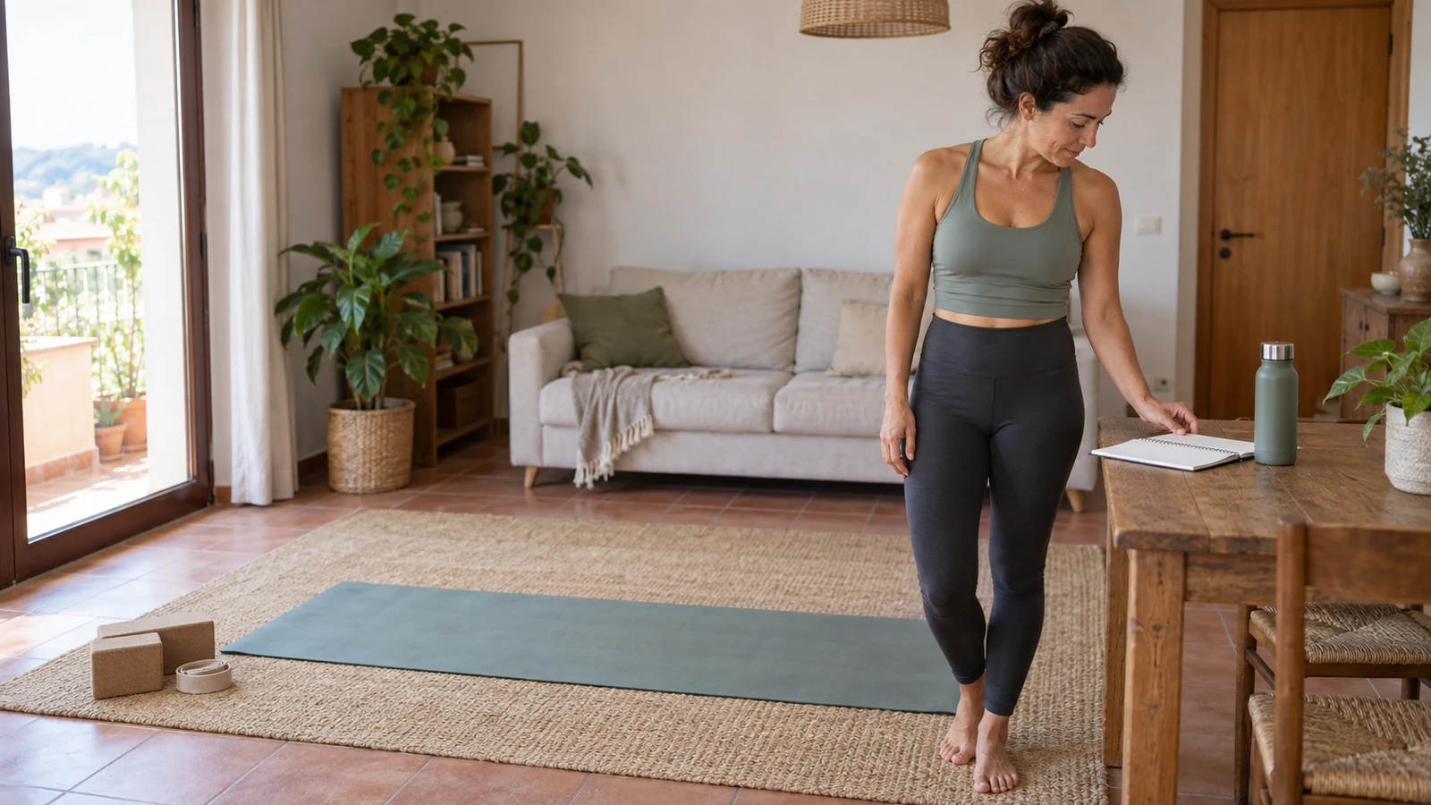 Mujer revisando un cuaderno antes de comenzar una sesión breve de yoga