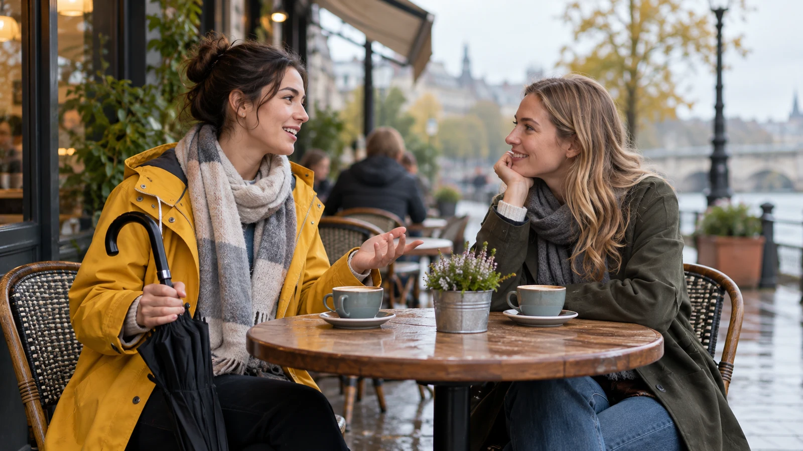 Dos personas conversan al aire libre con ropa de lluvia y un paraguas.