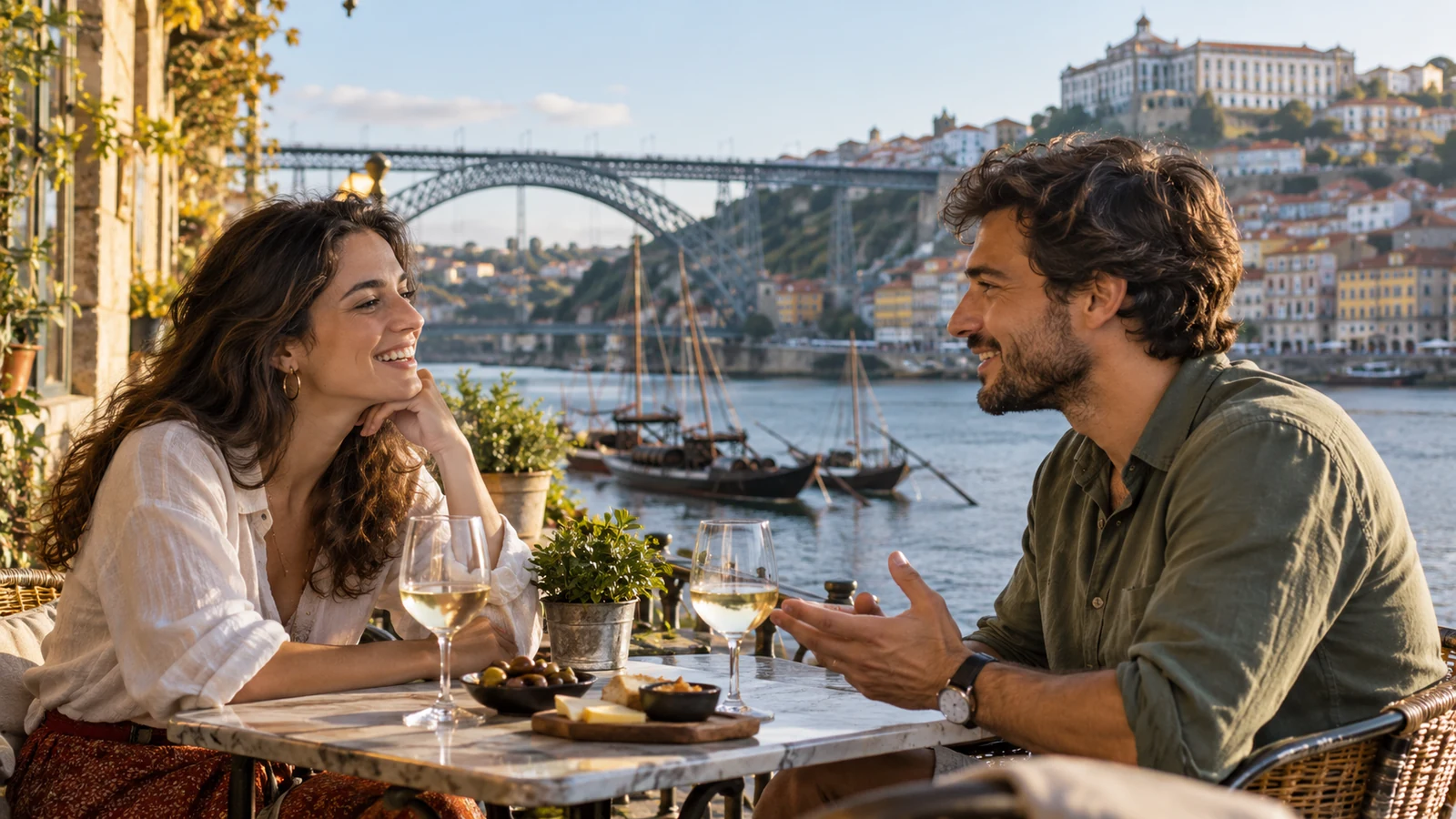 Dos adultos conversan en una terraza de Oporto con vistas al río Duero.