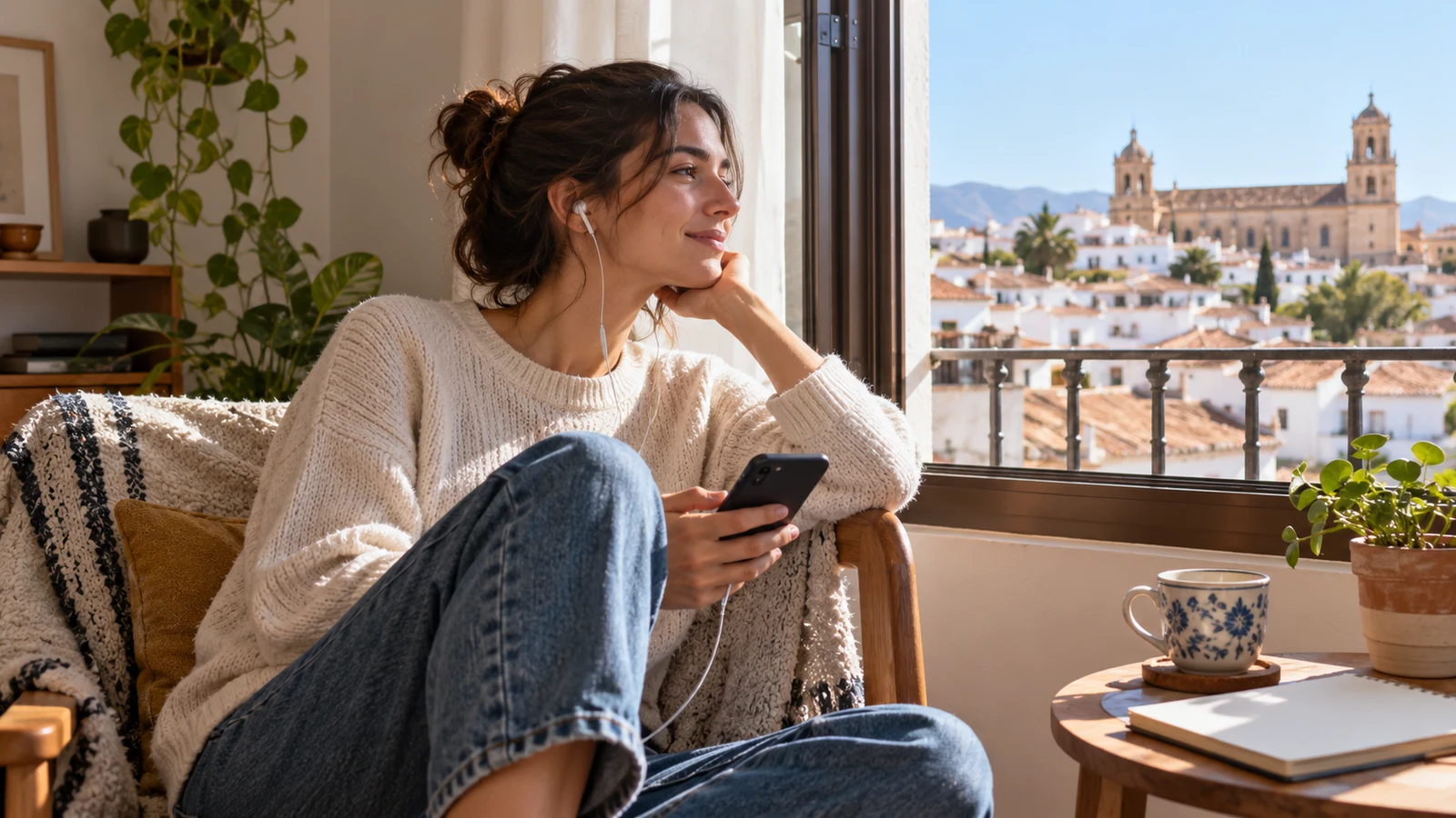 Persona que escucha un podcast en un teléfono junto a una ventana.