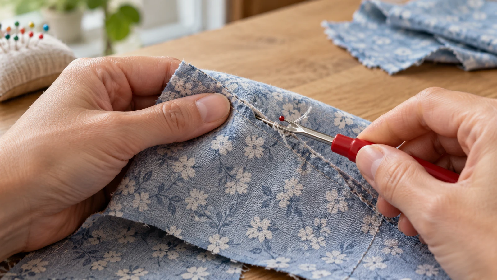 Retirada de puntadas con un descosedor sobre un retal estampado.