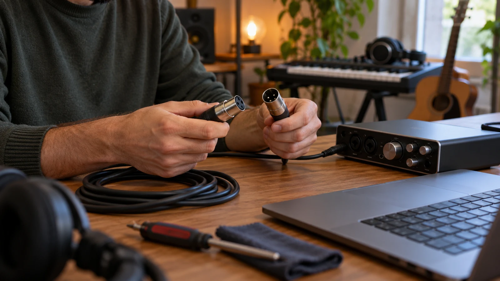 Manos comprobando conectores de audio junto a una interfaz y un portátil.