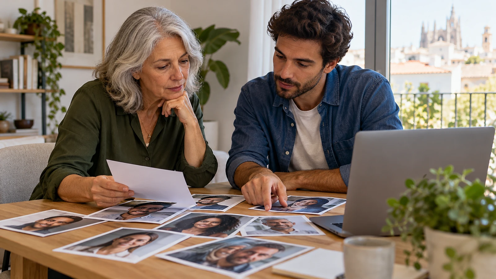 Dos personas de distintas edades revisan material impreso en una mesa compartida.