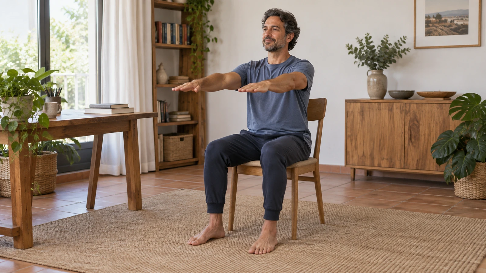 Hombre realizando un pequeño movimiento de brazos sentado durante una pausa en casa