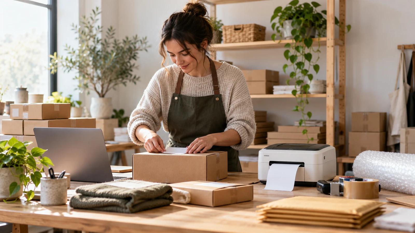 Artesana organizando una mesa de pedidos con cajas y una impresora de etiquetas.