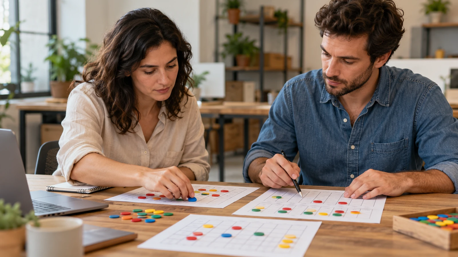 Dos personas comprobando fichas y cuadrículas durante una revisión de datos.