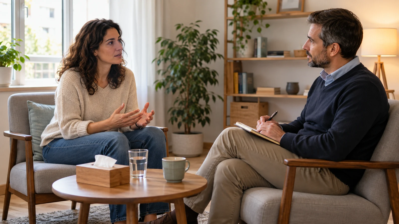 Una mujer habla con un profesional en una sala de consulta.