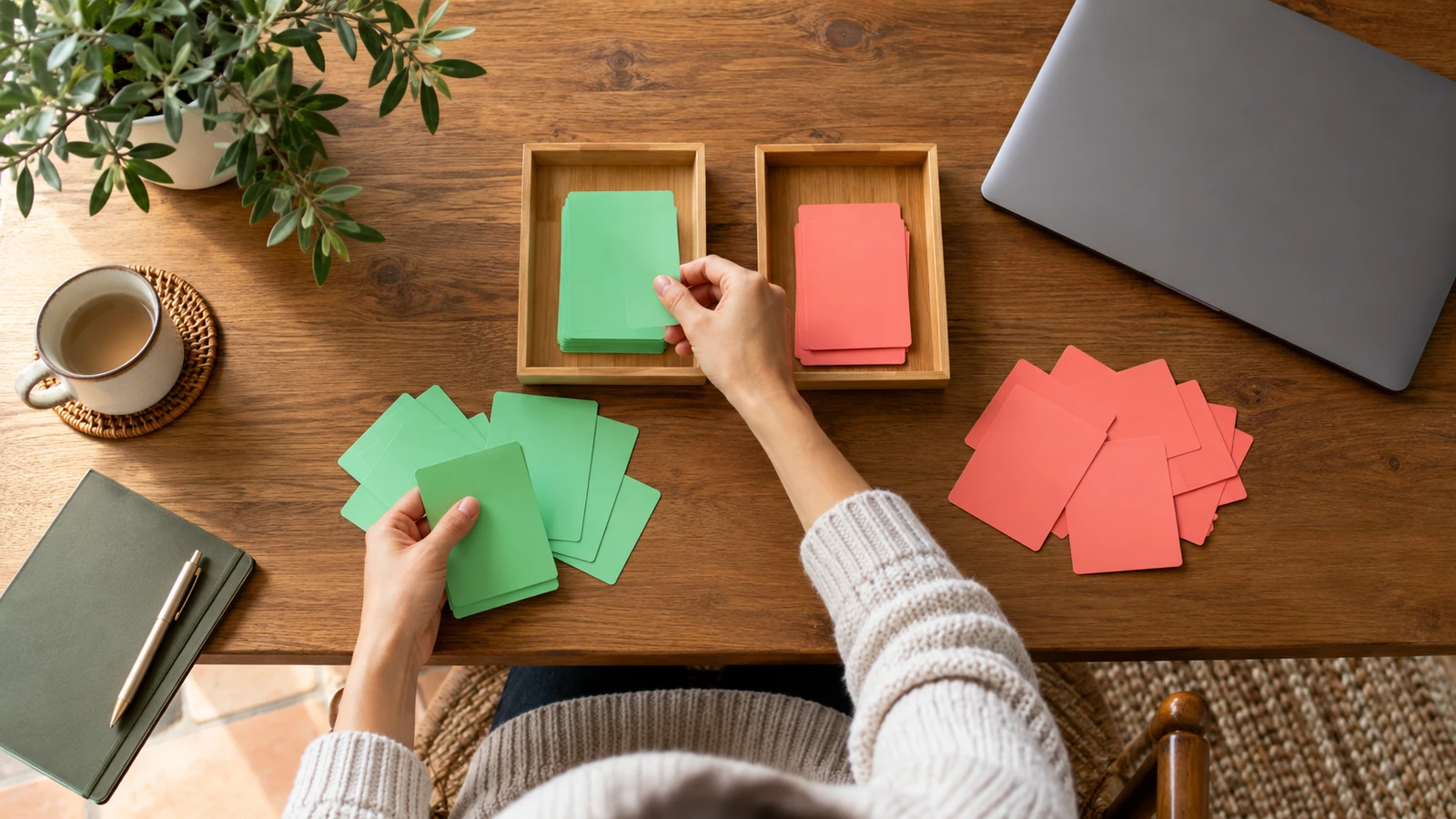 Manos que clasifican tarjetas de colores en dos bandejas para comparar resultados.