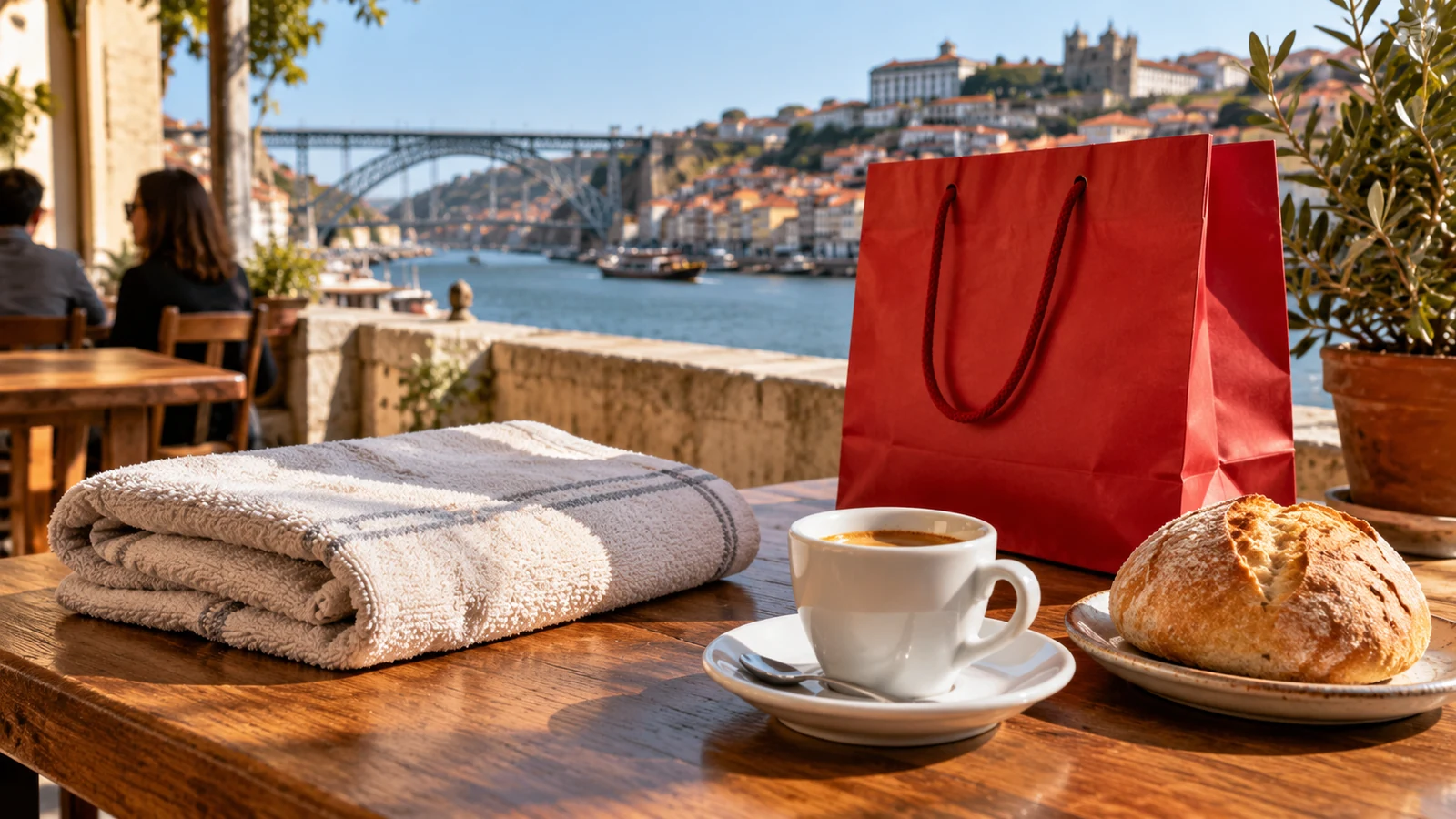 Una toalla, una bolsa roja, una taza y un panecillo ilustran vocabulario cotidiano.