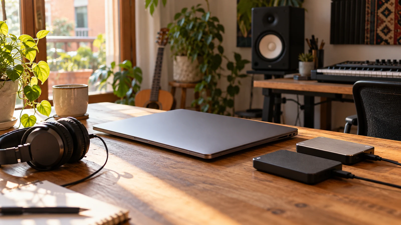 Ordenador cerrado, unidades de almacenamiento y auriculares sobre una mesa.